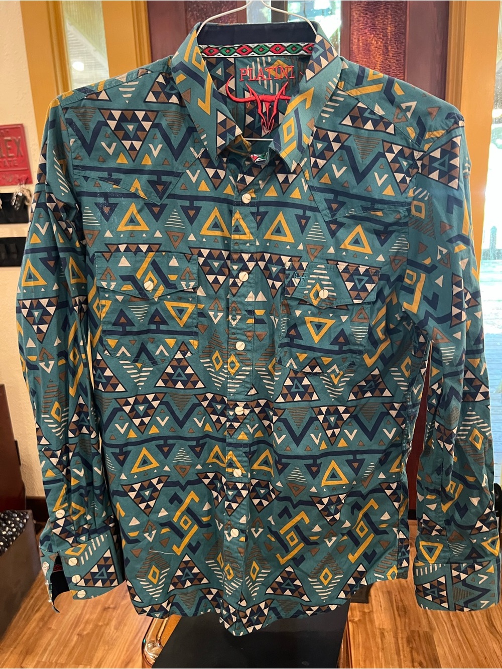 Platini Jeans Teal Geometric Long Sleeve Button-Down Shirt w/Pearl Snaps